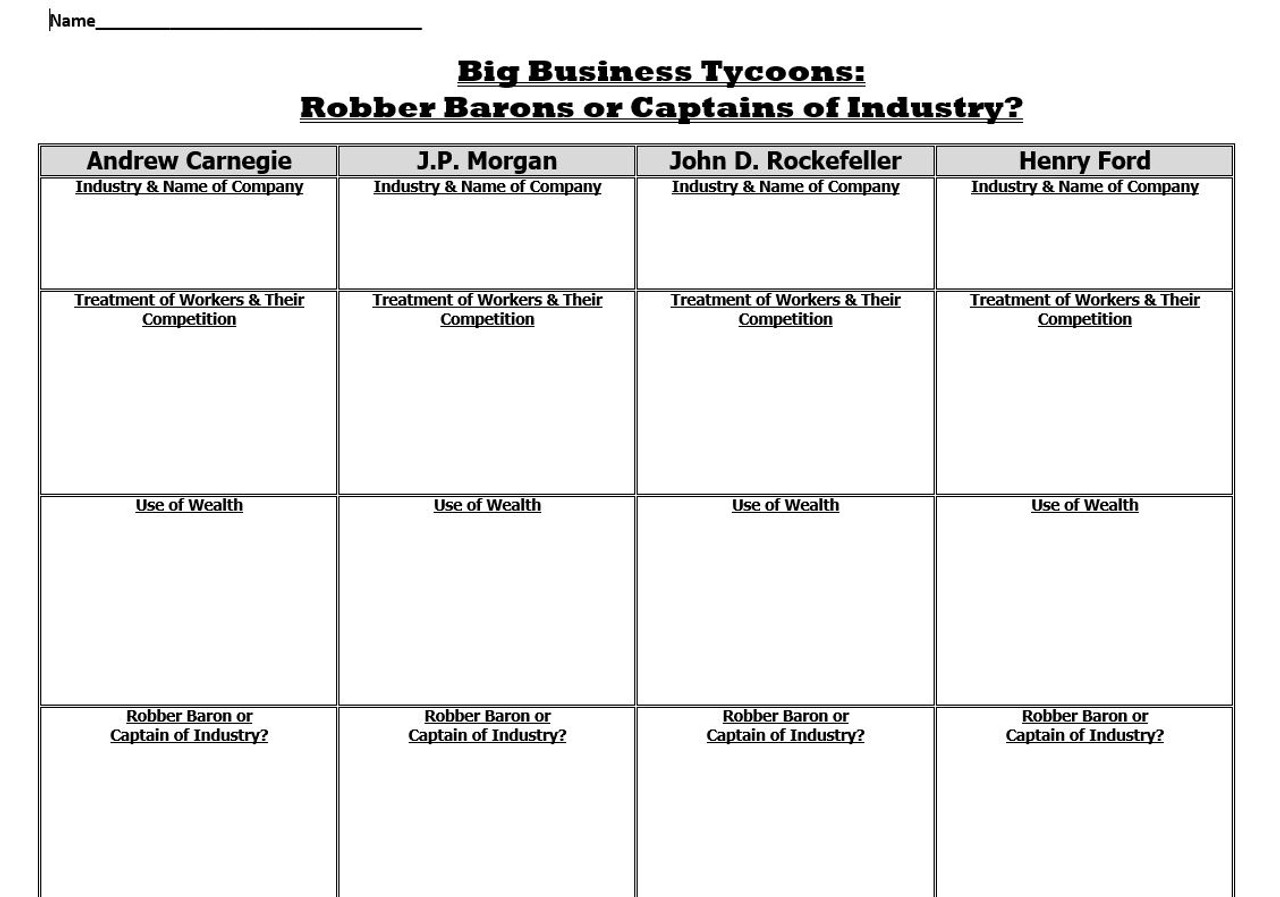 Captains of industry or robber barons worksheet answer key